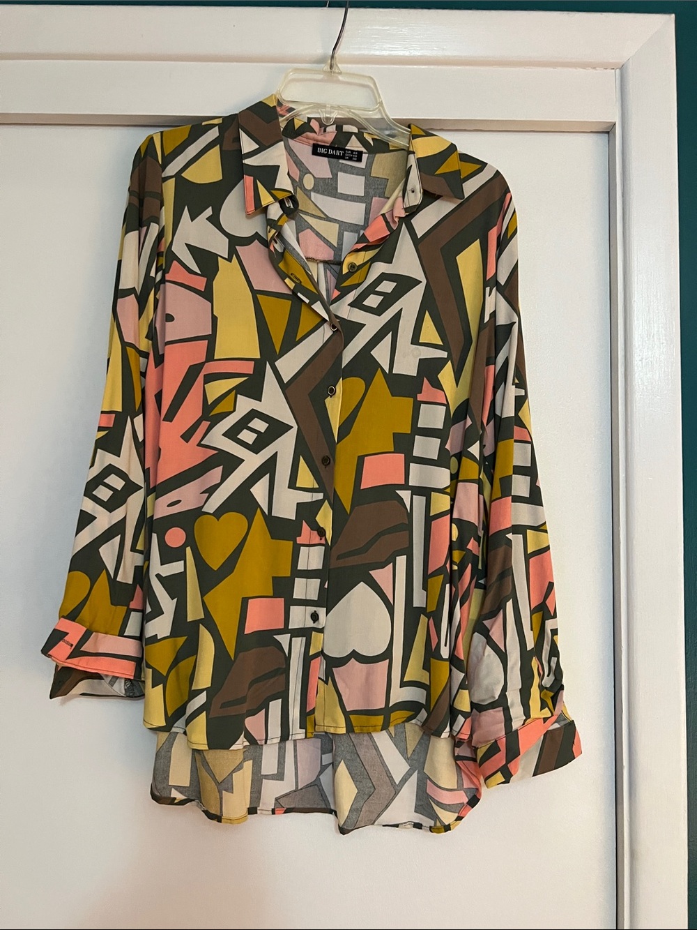 Big Dart Pink Geo & Olive Abstract Button-Front Shirt